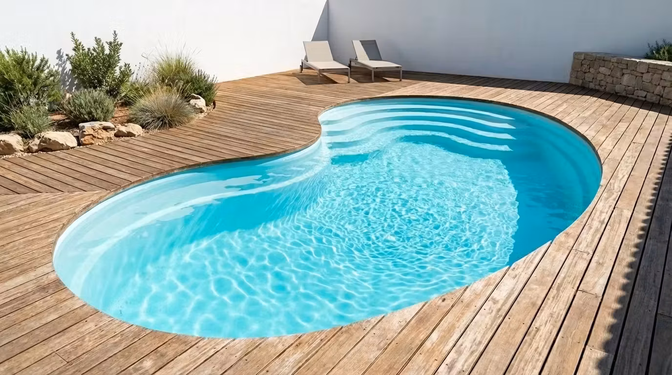 Piscine coque de forme libre type haricot intégrée à un deck en bois clair, transats en fond
