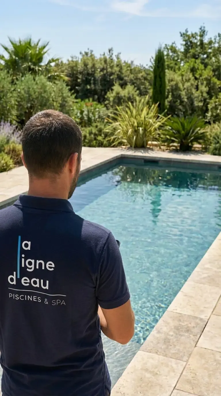 Conseiller La Ligne d'Eau de dos en polo bleu, face à une piscine intégrée dans un jardin méditerranéen