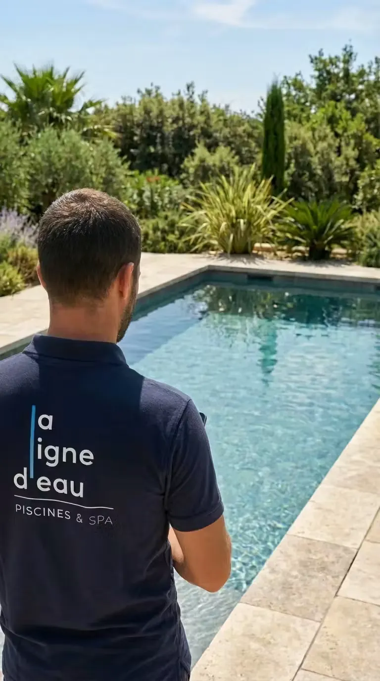 Conseiller La Ligne d'Eau de dos en polo bleu, face à une piscine intégrée dans un jardin méditerranéen