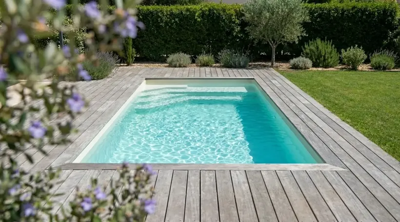 Piscine coque rectangulaire Star 4 entourée d'un deck en bois clair, jardin avec haies taillées et olivier